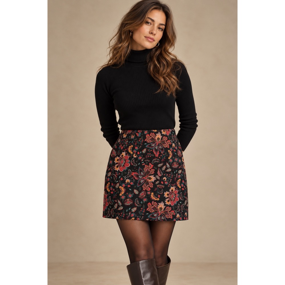 LOFT Floral Jacquard Mini Skirt Black Pink Tapestry A-Line Size 14 NWT 512412